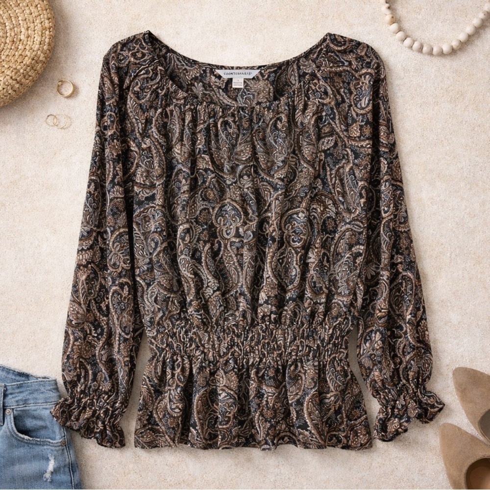 NWOT Counterparts Women's Boho Paisley Scoop Neck Top Size Small Gathered Waist